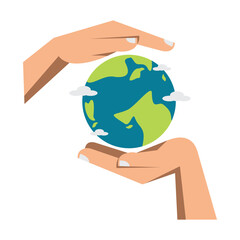 someone holding a small globe in their hands with clouds above it