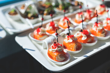 Beautifully decorated luxury banquet catering table, with variety of with different food snacks appetizers on corporate birthday party event wedding celebration, canape, salad, delicatessen variety