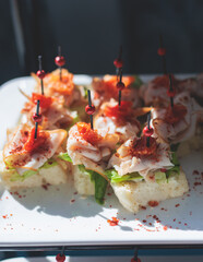 Beautifully decorated luxury banquet catering table, with variety of with different food snacks appetizers on corporate birthday party event wedding celebration, canape, salad, delicatessen variety