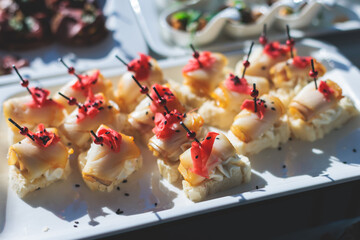 Beautifully decorated luxury banquet catering table, with variety of with different food snacks appetizers on corporate birthday party event wedding celebration, canape, salad, delicatessen variety