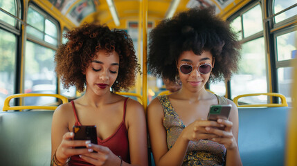 Young Women Using Smartphones While Riding in a City Bus