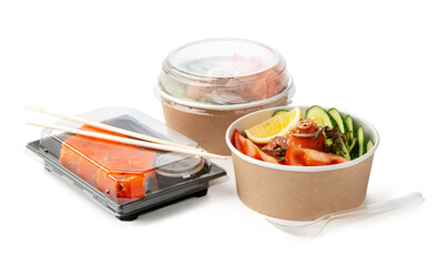 Poke bowls and sushi rolls on white background