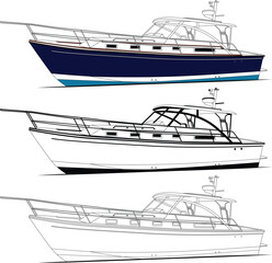 Side view fishing boat vector line art illustration t-shirt and printable on various materials.