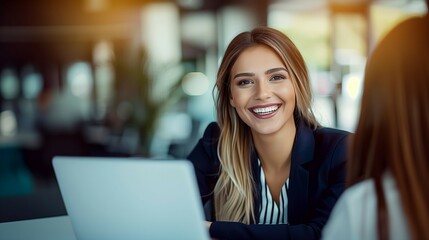 Fototapeta premium Young businesswoman has an interview with others,modern office space,business work concept.