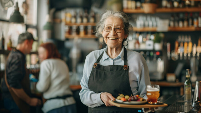 Senior waitress delivering a meal with a warm smile at a charming restaurant