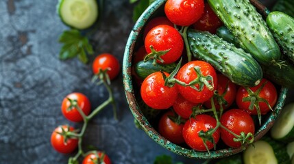 Cherry tomatoes and cucumbers together in a bowl with their branches