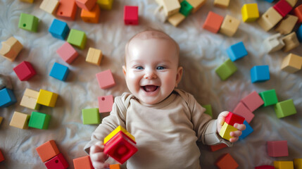 Obraz premium Happy baby lying on bed surrounded by colorful building blocks