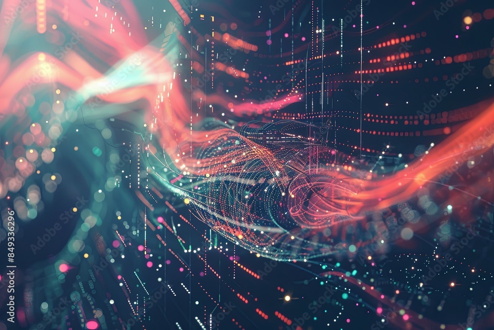 Poster An abstract visualization of big data streams, complex graphs, and digital interfaces representing AI data processing. Generative AI