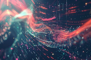 An abstract visualization of big data streams, complex graphs, and digital interfaces representing AI data processing. Generative AI