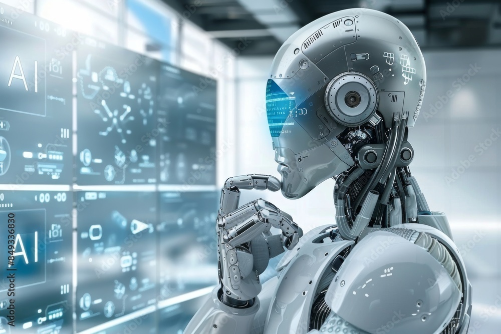 Poster ai robot with holographic display, advanced technology in artificial intelligence, high tech digital