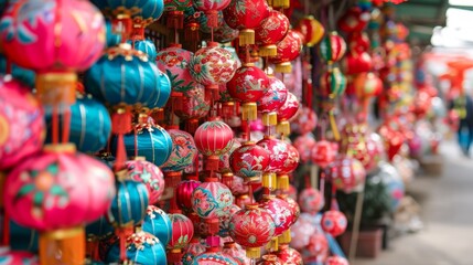 Traditional red lanterns hanging in preparation for Chinese New Year