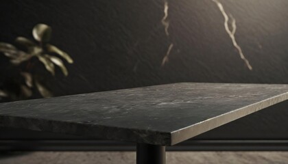 Empty table marble black countertop on black wall background