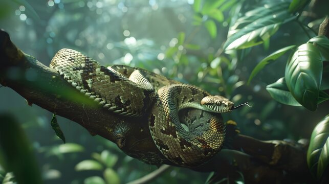 A green snake with yellow and black markings is coiled on a branch in the jungle