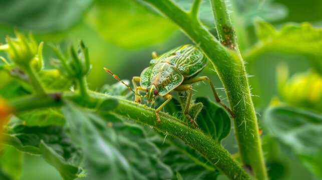 A green stink bug on a plant. The stink bug is a type of insect that is known for its ability to produce a foul odor when it is disturbed.