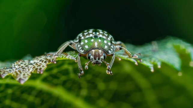 A green weevil sits on a leaf, looking at the camera