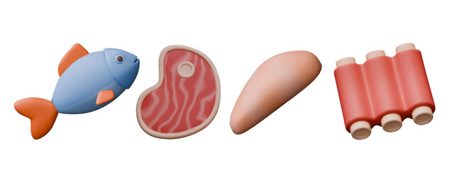 Set of icons of different types of meat ingredients. Fish, steak, fillet, ribs