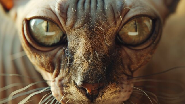A hairless Sphynx cat stares into the camera with its big green eyes.