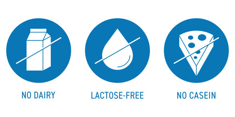 No dairy, Lactose-free and No casein stamp in circle shape