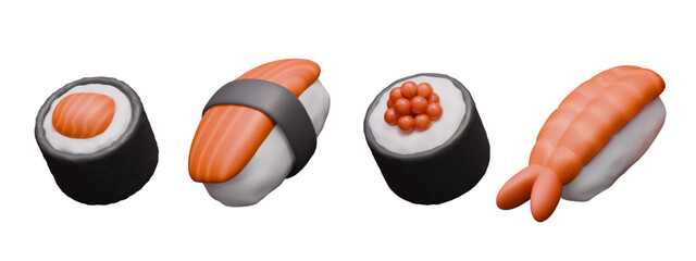 Collection of sushi rolls and nigiri in realistic style. Traditional Japanese dishes