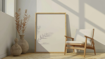 wooden frame mockup close up standing near chair