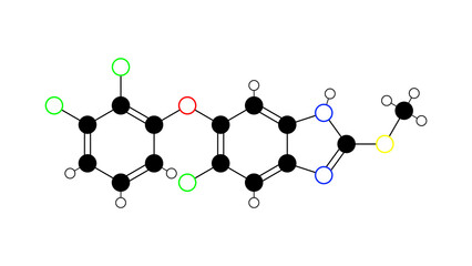 triclabendazole molecule, structural chemical formula, ball-and-stick model, isolated image egaten