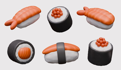 Set of realistic sushi with fish, caviar, shrimp. Popular seafood dishes