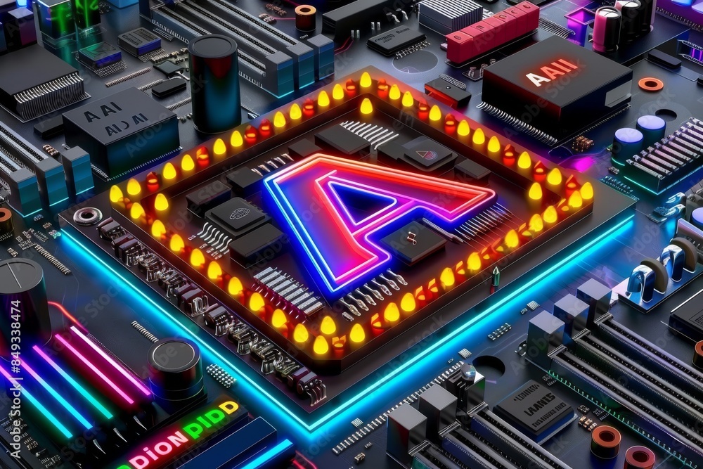 Poster ai processor with neon lights, advanced technology in artificial intelligence, high tech digital inn