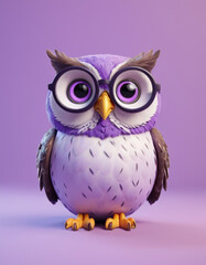Obraz premium A 3D cartoon owl with big round eyes and glasses on a lavender background.