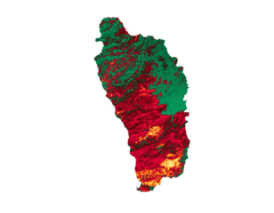 Dominica map with the flag Colors Red and Green Shaded relief map 3d illustration
