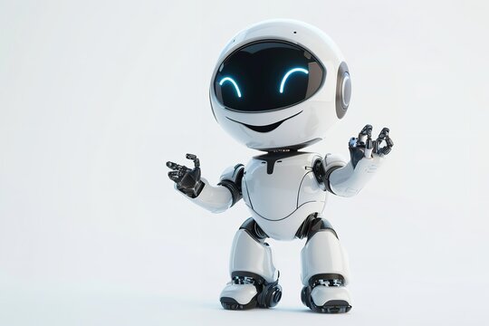 Adorable smiling white robotic teen with a tiny unit toy that gestures in three dimensions, Generative AI.