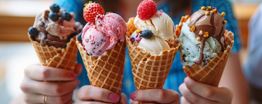 Friends having an ice cream social for National Ice Cream Cone Day, September 22nd, enjoying cones and toppings, 4K hyperrealistic photo.