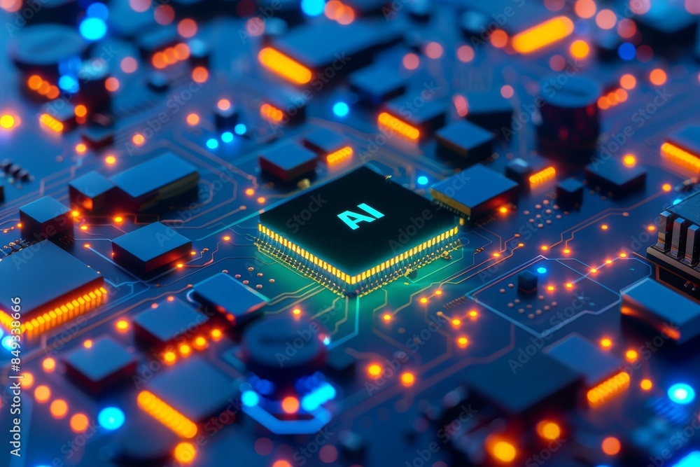 Poster ai processor on circuit board, advanced technology in artificial intelligence, high tech digital inn