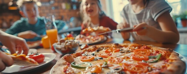 Family having a pizza night for National Chop Suey Day, August 29th, making and eating homemade pizzas, 4K hyperrealistic photo.