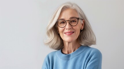 Fototapeta premium Happy Senior Woman With Glasses in Blue Sweater Smiling at Camera