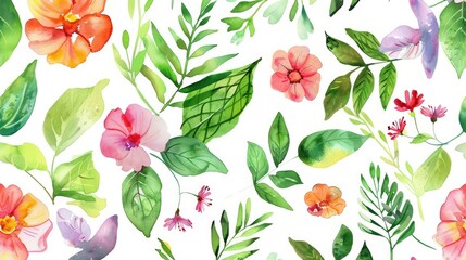 Fototapeta premium Seamless pattern of leaf and flowers in watercolor on a white background