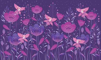 Fairies flying among the flowers. A stylish illustration of magical fairies fluttering 

among meadow summer flowers. Design for the children's room, wallpapers, 

photo wallpapers.