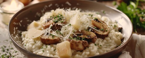 Creamy risotto with wild mushrooms and parmesan cheese, 4K hyperrealistic photo