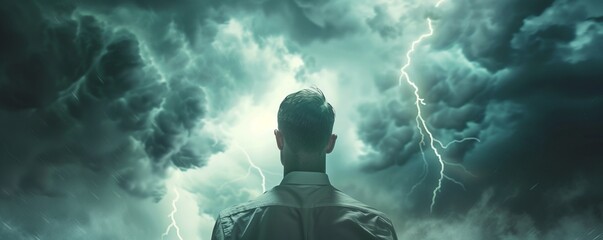 Dramatic thunderstorm portrait, capturing stormy skies and lightning bolts for a powerful effect, hyperrealistic 4K photo.