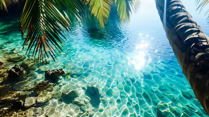Crystal-clear water with sunlight filtering through, surrounded by palm fronds, creating a refreshing tropical paradise.