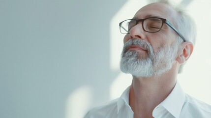 Senior Businessman Relaxing with Closed Eyes Taking a Deep Breath in Office