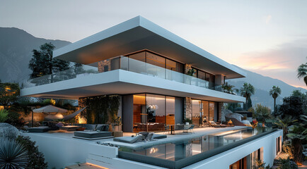 Fototapeta premium Modern house with pool nearby and mountains in the background. Generative AI.