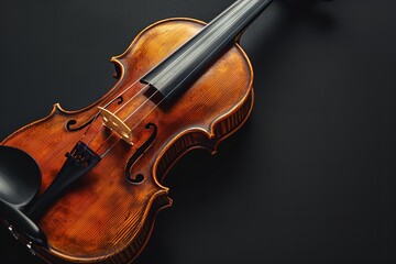 Fototapeta premium close-up of a violin in classical music. Violin strung instrument isolated on a dark background with copy space, Generative AI.