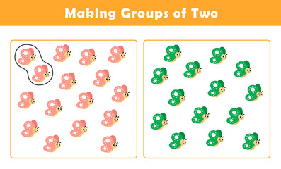 Making Groups of Two Worksheet. Grouping Picture Math Activity for Kids. Fun Math Activity for Children. Counting with Cute Pictures Worksheet.	