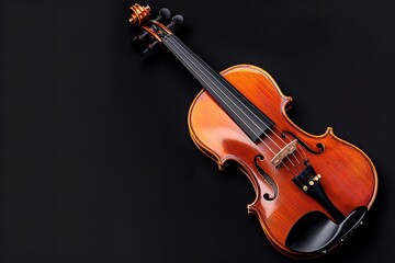 Fototapeta premium close-up of a violin in classical music. Violin strung instrument isolated on a dark background with copy space, Generative AI.