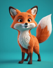 Obraz premium A 3D cartoon fox with a bushy tail and a curious look on a teal background.