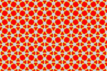 A pattern of red and yellow shapes and stars