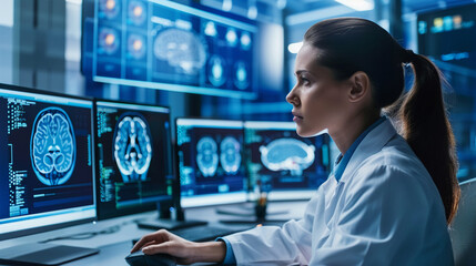 Fototapeta premium Side view doctor women using computer with AI artificial intelligence in modern medical technology and IOT automation.