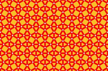 A red and yellow patterned background with a white dot in the middle