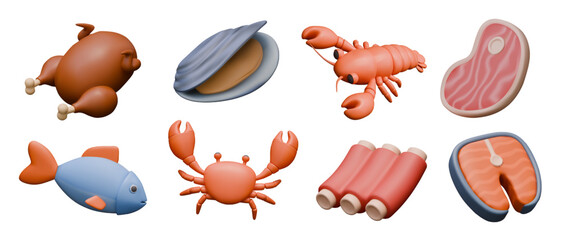 Fried chicken, mussel, crayfish, steak, fish, crab, ribs, fish steak