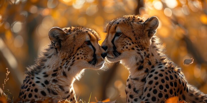  A pair of cheetahs sharing a bonding moment in the wild